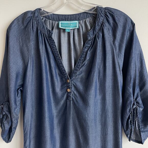 Southern Frock Chambray Shift Mini Dress 3/4 Tie Sleeves Size Small Preppy - Picture 2 of 14